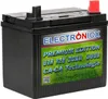 A black car battery with a label showing product details and a green grassy background. Náhled obrázku produktu