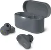 A pair of gray wireless earbuds and their charging case are displayed against a white background. Produktbild-Vorschau