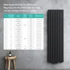 A table showing radiator dimensions and specifications, next to a radiator. Produktbild-Vorschau