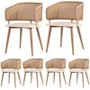 A set of six dining chairs with rattan backs and beige upholstered seats, arranged in two rows against a white background. Podgląd zdjęcia produktu