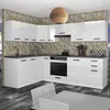 A modern, high-gloss white L-shaped kitchen unit with a dark countertop, set against a textured mosaic backsplash and a dark wooden floor. A large, woven pendant light hangs from the ceiling. Produktbild-Vorschau