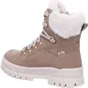 A side view of a beige winter boot with white fur trim. Voir les images du produit