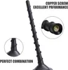 A black car antenna with a spiral design, shown in a studio setting with text overlays highlighting features and a close-up view of its screw mechanism. Produktbild-Vorschau