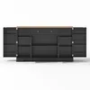 A black sideboard with a wooden top, shown from the front with its doors and drawers open. Produktbild-Vorschau