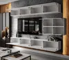 A modern living room with a wall-mounted entertainment unit and a large television. Produktbild-Vorschau