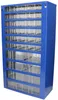 A blue metal storage cabinet with multiple clear drawers. Produktbild-Vorschau