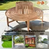 A circular wooden bench with a tree-like structure in the center, surrounded by four smaller images showcasing different garden and outdoor settings. Produktbild-Vorschau