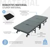 A folded guest bed with various features highlighted by text and icons. Produktbild-Vorschau