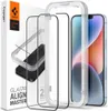 A product shot of Spigen screen protectors and an alignment tool, with a phone in the background. Podgląd zdjęcia produktu