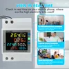 A digital electricity meter is shown next to marketing graphics illustrating its features and use cases. Náhled obrázku produktu