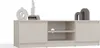 A modern, minimalist TV stand with two cabinet doors and open shelving in a neutral beige color. Náhled obrázku produktu