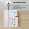 A white corded telephone is shown on a wooden desk, connected to a wall socket. Text overlays describe its features. Produktbild-Vorschau