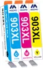 Three ink cartridges in cyan, magenta, and yellow, standing upright. Produktbild-Vorschau