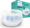 A Philips AVENT microwave sterilizer with baby bottles inside, next to its packaging. Náhľad obrázku produktu