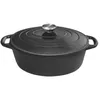 A black cast iron pot with a lid and handles, shown from a side angle on a white background. Anteprima dell’immagine prodotto