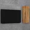 A black rectangular shelf and a wooden cabinet are mounted on a gray brick wall. Voir les images du produit