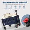 A folded blue wagon filled with items, with a close-up inset of a red brake mechanism on a wheel. Produktbild-Vorschau