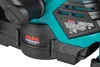 A close-up view of a teal and black cordless hedge trimmer, focusing on the branding and technical specifications. Produktbild-Vorschau