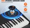 A close-up view of a digital piano keyboard with a graphic overlay illustrating sound waves emanating from a speaker. Produktbild-Vorschau