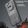 A phone case is shown falling towards rocks and fire, illustrating its protective qualities. Produktbild-Vorschau
