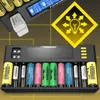 A battery charger with multiple battery slots and a digital display, surrounded by a yellow diamond shape with a lightbulb icon. Voir les images du produit