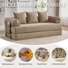 A collage showing a foldable sofa bed in a room setting and four circular insets illustrating different room applications: living room, attic, apartment, and study. Produktbild-Vorschau