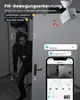 A security camera system is shown with a simulated intruder and a mobile app interface displaying notifications and live feed. Produktbild-Vorschau