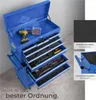 A blue tool cart with open drawers filled with tools, and inset images highlighting features. Náhled obrázku produktu