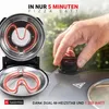 A hand is shown adjusting the dial of a pizza oven, with the heating elements glowing red. Produktbild-Vorschau