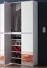 A white wardrobe with open doors showing clothes and shoes on shelves. The wardrobe has mirrored panels on the right side. Produktbild-Vorschau