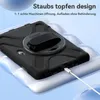 A black tablet case with a hand strap is shown with a charging cable plugged into it. Produktbild-Vorschau