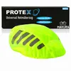 A neon yellow helmet cover with black reflective stripes is shown in front of its packaging. Produktbild-Vorschau