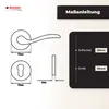 Diagrams and text illustrating the measurements and specifications of a door handle set. Produktbild-Vorschau