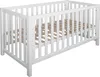 A white baby crib with a wooden slatted base is shown from a diagonal angle. Produktbild-Vorschau