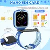 An instructional diagram showing how to insert a nano SIM card into a smartwatch and how to charge it. Produktbild-Vorschau