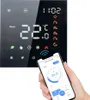A hand holding a smartphone displaying a smart thermostat app, with a smart thermostat device in the background. Produktbild-Vorschau