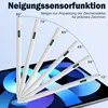 A stylus pen is shown at various angles demonstrating its tilt sensitivity feature, with angle indicators and a digital display on the pen. Produktbild-Vorschau