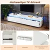 A collage of images showcasing a white, high-gloss TV cabinet with LED lighting, including close-ups of its features and a wider shot of it in a living room setting. Anteprima dell’immagine prodotto