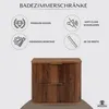 A marketing image for a bathroom cabinet, showcasing its features with icons and text. Produktbild-Vorschau