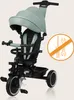 A multi-functional tricycle for children, shown against a light beige background. A circular overlay with a crossed-out screwdriver and wrench indicates that no assembly is required. Produktbild-Vorschau