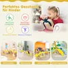 A collage of images showcasing a children's indoor climbing set and its benefits, with a young girl opening a gift in the top section. Produktbild-Vorschau