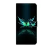 A black flip phone case with a turquoise and green butterfly design and its reflection on a black background. Produktbild-Vorschau