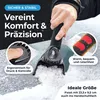 A hand is holding a snow scraper, demonstrating its use on a surface covered in snow and ice. Inset images highlight the product's features. Produktbild-Vorschau