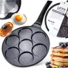 A collage of images showcasing a multi-cup frying pan, pancakes, and a fried egg, along with product packaging. Produktbild-Vorschau