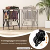 A collage showcasing a multi-tiered shelf unit with records and a vintage-style speaker, along with a close-up of a caster wheel and text highlighting product features. Produktbild-Vorschau