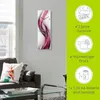 A clock with abstract art is displayed on a wall in a living room setting, with promotional icons on the right. Produktbild-Vorschau