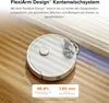 A white robot vacuum cleaner is shown cleaning the edge of a floor next to a wall. Produktbild-Vorschau