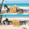 A split image showing a woman relaxing on a foldable sun lounger on a beach, first lying face up and then face down. Produktbild-Vorschau
