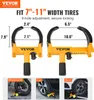 Two yellow wheel clamps are shown with dimensions and examples of their use on a motorcycle, car, and SUV. Podgląd zdjęcia produktu