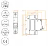 Diagrams and symbols showing the specifications and dimensions of an electrical component. Anteprima dell’immagine prodotto